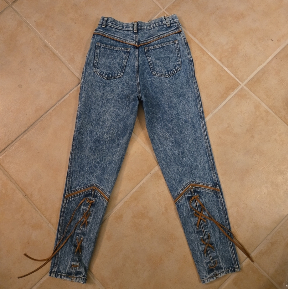 Vintage 80s Rio by Stephen Mardon High Rise Tapered Mom Jeans Leather Trim W26